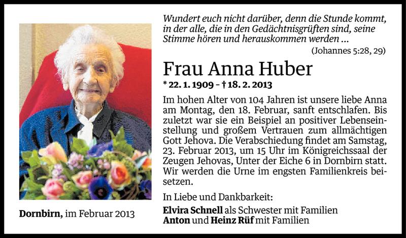  Todesanzeige für Anna Huber vom 21.02.2013 aus Vorarlberger Nachrichten