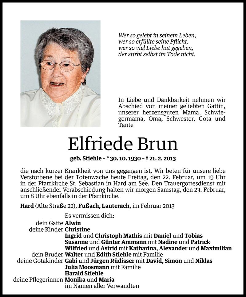  Todesanzeige für Elfriede Brun vom 21.02.2013 aus Vorarlberger Nachrichten