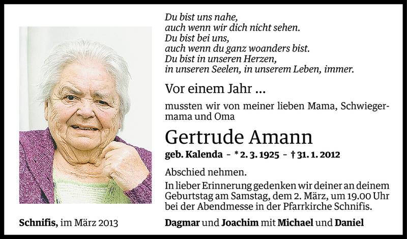  Todesanzeige für Gertrude Amann vom 28.02.2013 aus Vorarlberger Nachrichten