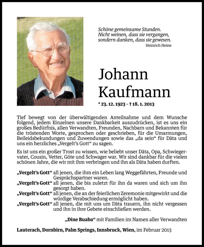  Todesanzeige für Johann Kaufmann vom 22.02.2013 aus Vorarlberger Nachrichten