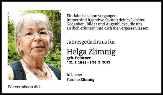Todesanzeige von Helga Zlimnig von Vorarlberger Nachrichten
