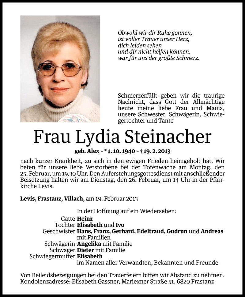  Todesanzeige für Lydia Steinacher vom 22.02.2013 aus Vorarlberger Nachrichten