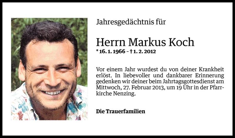  Todesanzeige für Markus Koch vom 22.02.2013 aus Vorarlberger Nachrichten