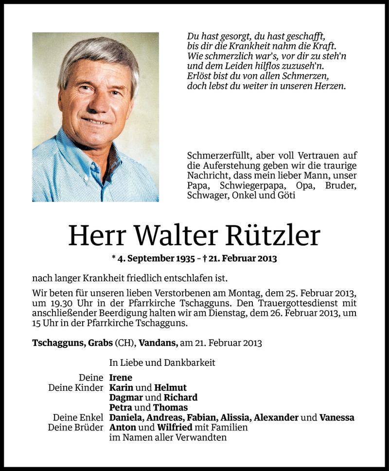  Todesanzeige für Walter Rützler vom 22.02.2013 aus Vorarlberger Nachrichten