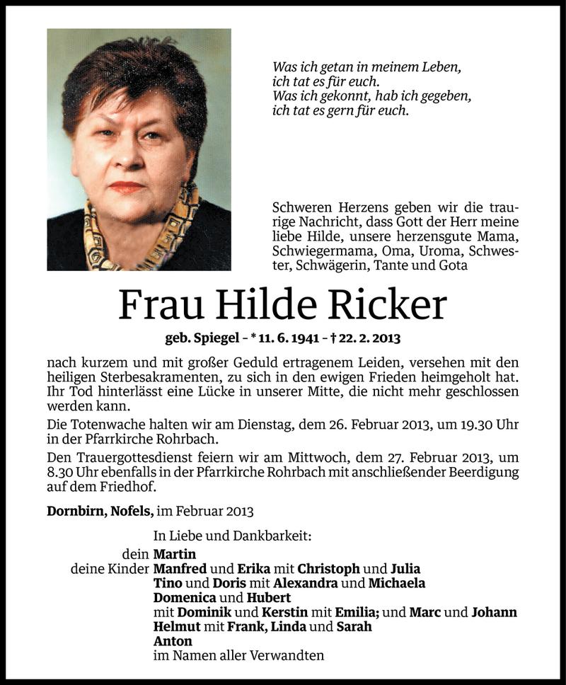  Todesanzeige für Hilde Ricker vom 24.02.2013 aus Vorarlberger Nachrichten