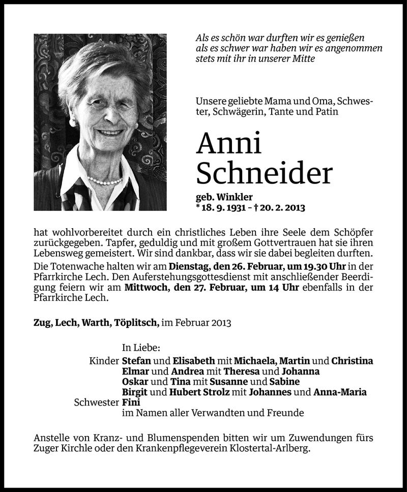  Todesanzeige für Anni Schneider vom 24.02.2013 aus Vorarlberger Nachrichten