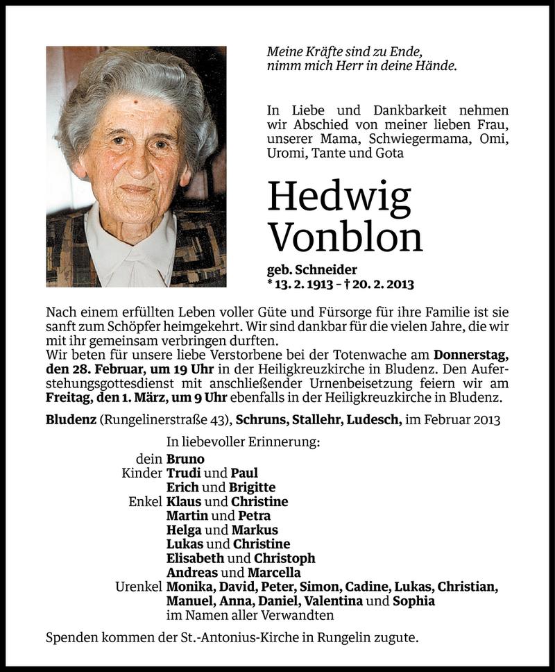  Todesanzeige für Hedwig Vonblon vom 25.02.2013 aus Vorarlberger Nachrichten