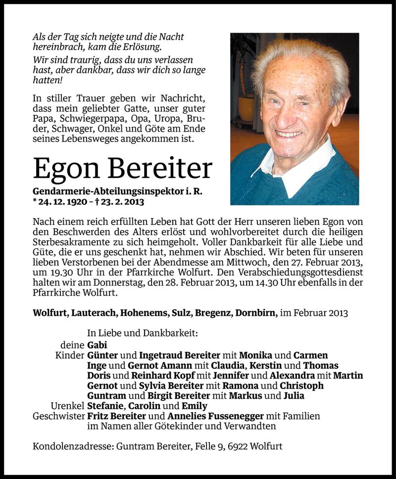  Todesanzeige für Egon Bereiter vom 25.02.2013 aus Vorarlberger Nachrichten