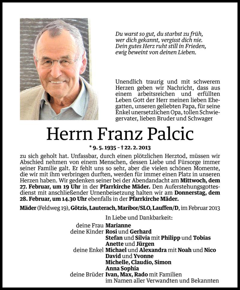  Todesanzeige für Franz Palcic vom 25.02.2013 aus Vorarlberger Nachrichten