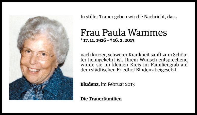  Todesanzeige für Paula Wammes vom 26.02.2013 aus Vorarlberger Nachrichten