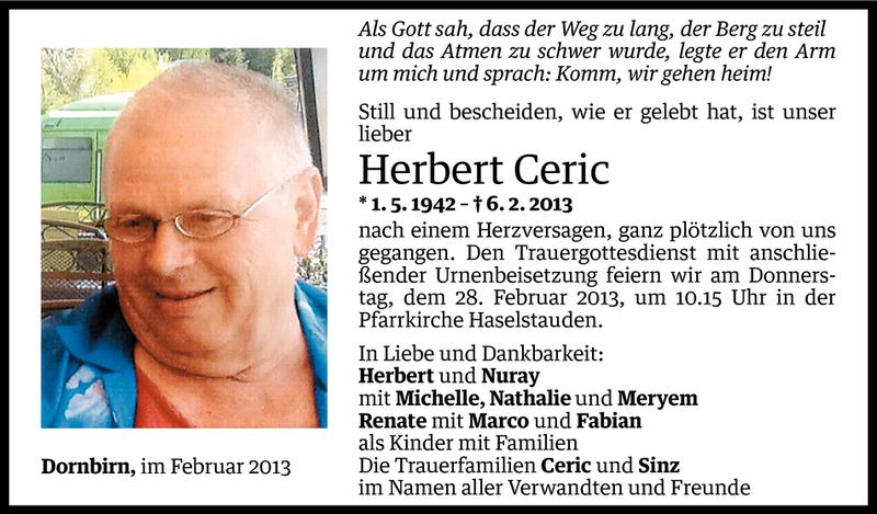  Todesanzeige für Herbert Ceric vom 25.02.2013 aus Vorarlberger Nachrichten