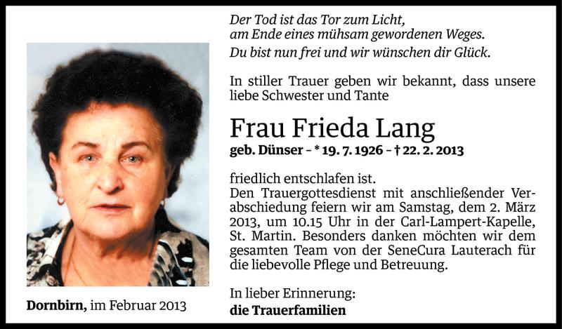  Todesanzeige für Frieda Lang vom 26.02.2013 aus Vorarlberger Nachrichten