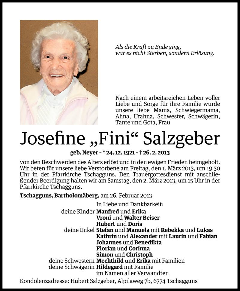  Todesanzeige für Josefine Fini Salzgeber vom 27.02.2013 aus Vorarlberger Nachrichten