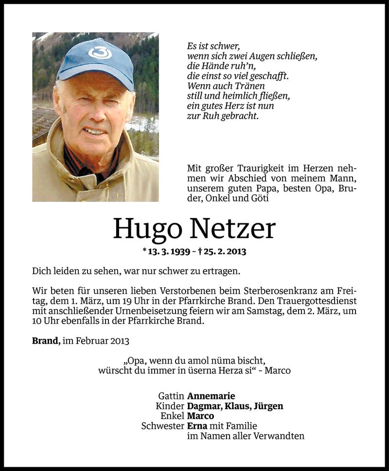  Todesanzeige für Hugo Netzer vom 27.02.2013 aus Vorarlberger Nachrichten