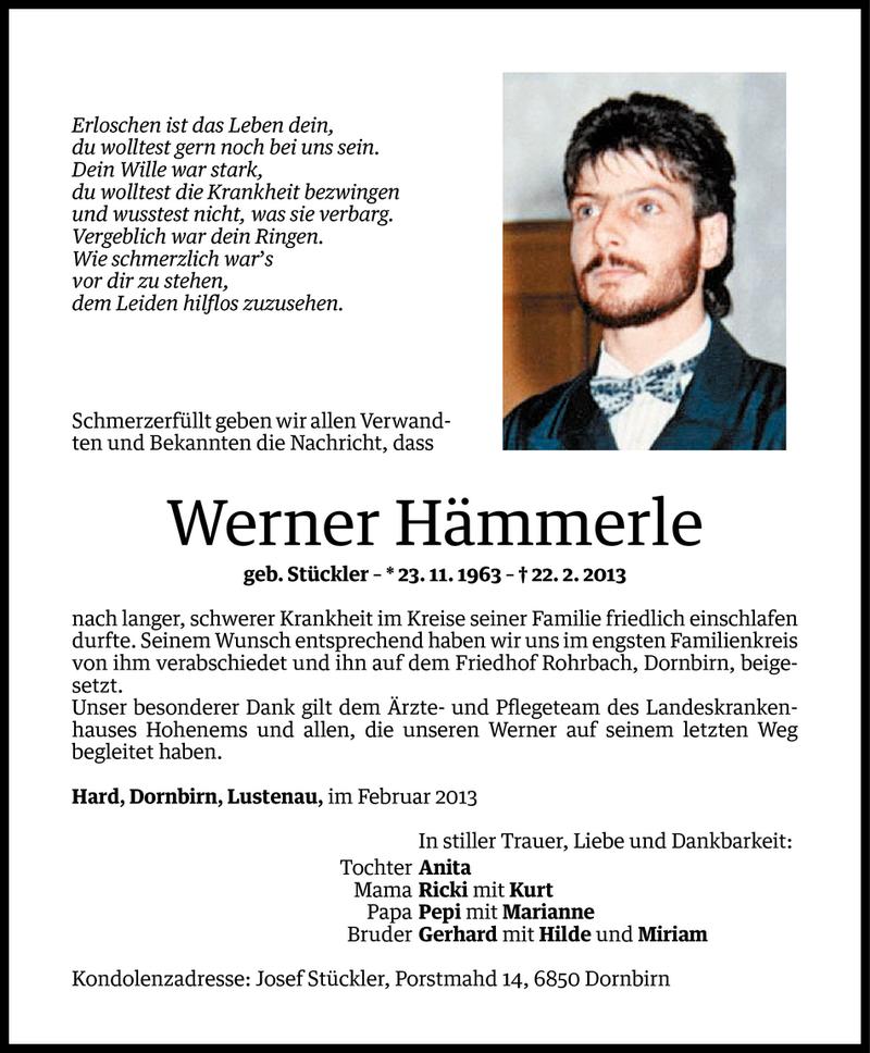  Todesanzeige für Werner Hämmerle vom 01.03.2013 aus Vorarlberger Nachrichten