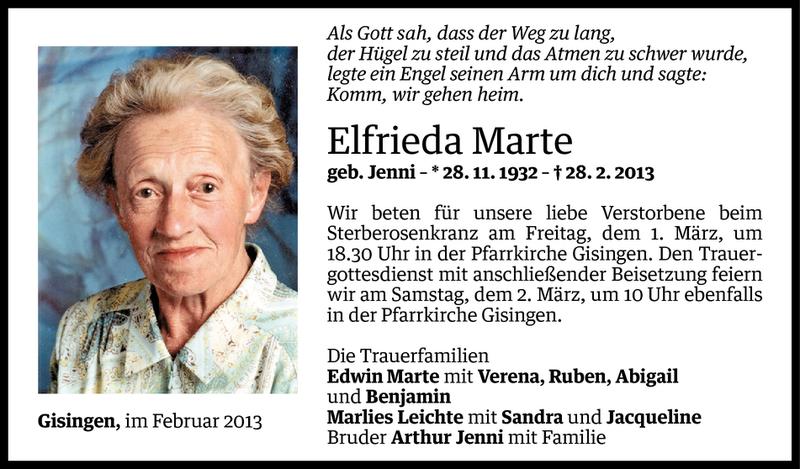  Todesanzeige für Elfrieda Marte vom 28.02.2013 aus Vorarlberger Nachrichten