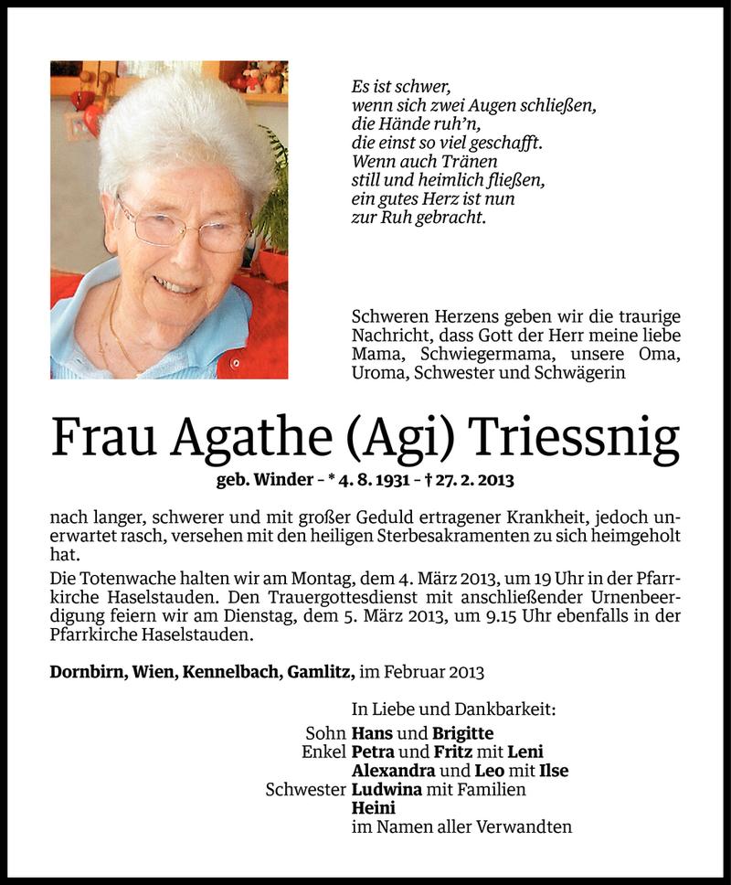  Todesanzeige für Agathe (Agi) Triessnig vom 01.03.2013 aus Vorarlberger Nachrichten