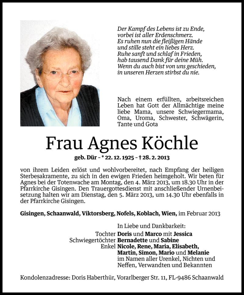  Todesanzeige für Agnes Köchle vom 01.03.2013 aus Vorarlberger Nachrichten