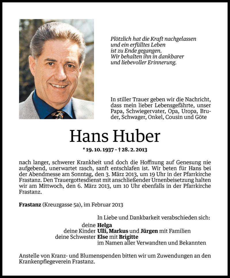  Todesanzeige für Hans Huber vom 01.03.2013 aus Vorarlberger Nachrichten