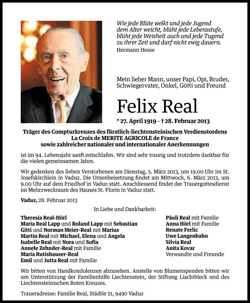 Todesanzeige für Felix Real vom 01.03.2013 aus Vorarlberger Nachrichten