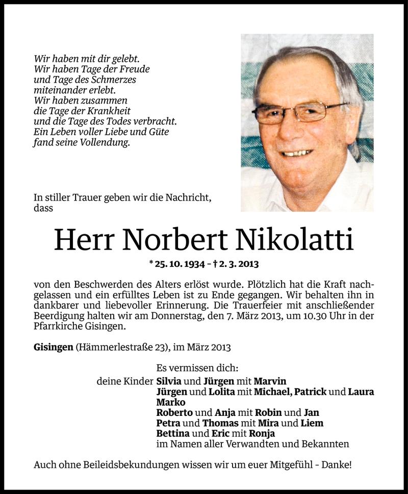  Todesanzeige für Norbert Nikolatti vom 04.03.2013 aus Vorarlberger Nachrichten