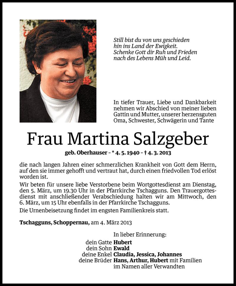  Todesanzeige für Martina Salzgeber vom 04.03.2013 aus Vorarlberger Nachrichten