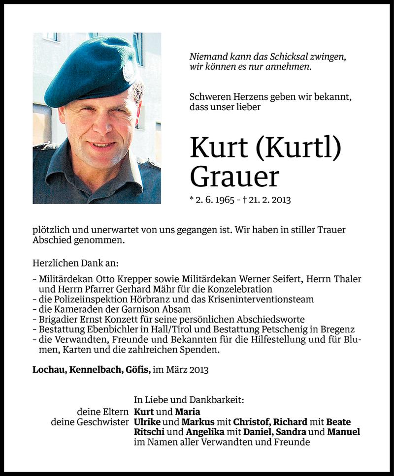  Todesanzeige für Kurt Grauer vom 04.03.2013 aus Vorarlberger Nachrichten