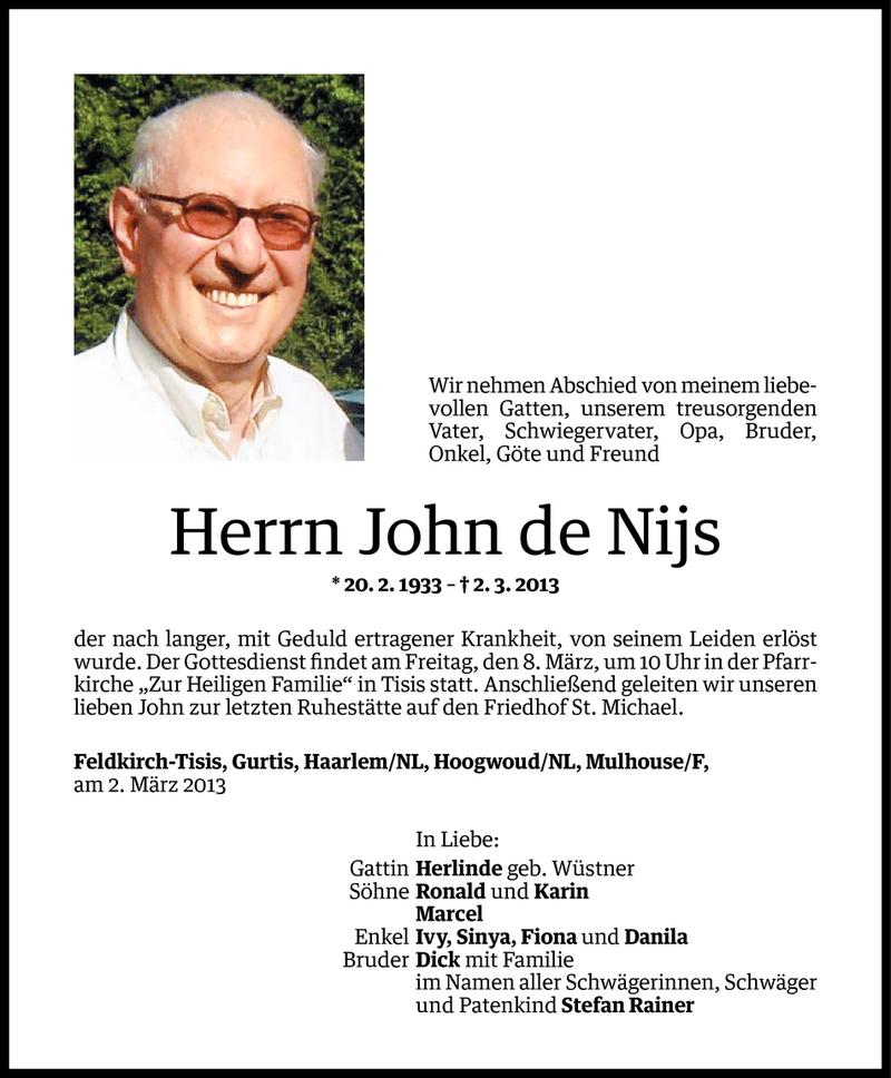  Todesanzeige für John de Nijs vom 05.03.2013 aus Vorarlberger Nachrichten