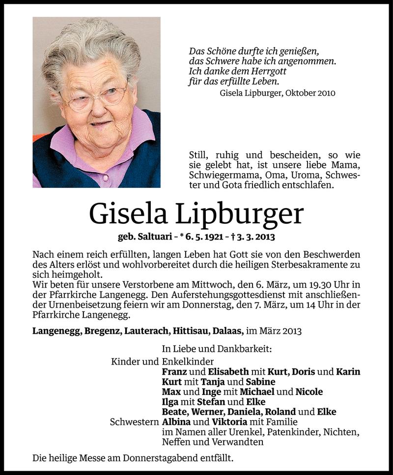  Todesanzeige für Gisela Lipburger vom 05.03.2013 aus Vorarlberger Nachrichten