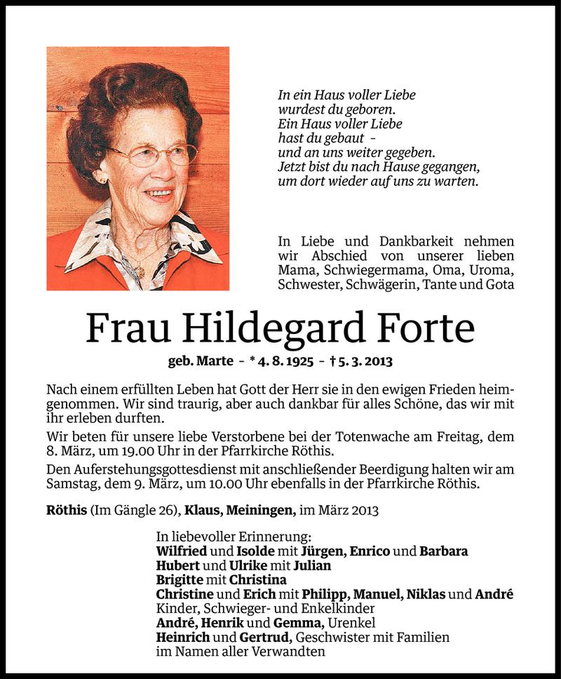  Todesanzeige für Hildegard Forte vom 05.03.2013 aus Vorarlberger Nachrichten