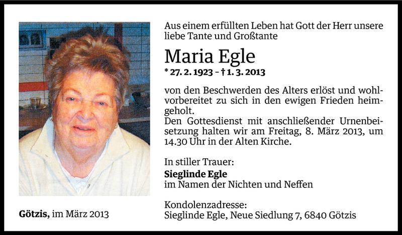  Todesanzeige für Maria Egle vom 05.03.2013 aus Vorarlberger Nachrichten