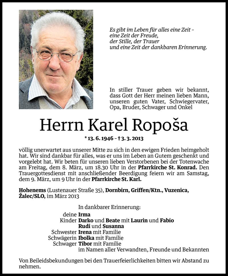  Todesanzeige für Karel Roposa vom 06.03.2013 aus Vorarlberger Nachrichten