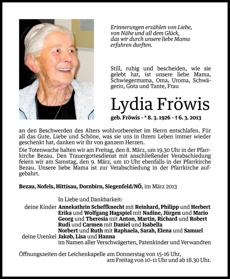  Todesanzeige für Lydia Fröwis vom 06.03.2013 aus Vorarlberger Nachrichten