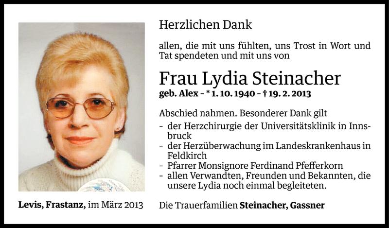  Todesanzeige für Lydia Steinacher vom 07.03.2013 aus Vorarlberger Nachrichten