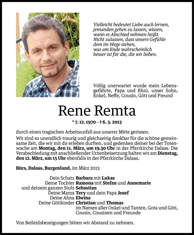  Todesanzeige für Rene Remta vom 08.03.2013 aus Vorarlberger Nachrichten