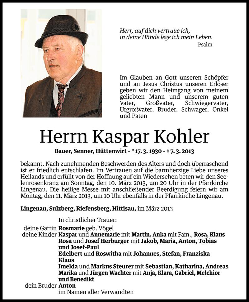  Todesanzeige für Kaspar Kohler vom 07.03.2013 aus Vorarlberger Nachrichten