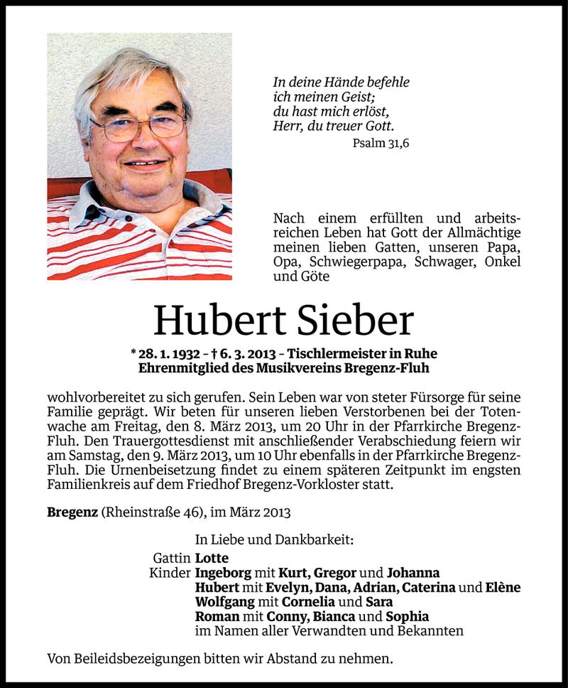  Todesanzeige für Hubert Sieber vom 07.03.2013 aus Vorarlberger Nachrichten