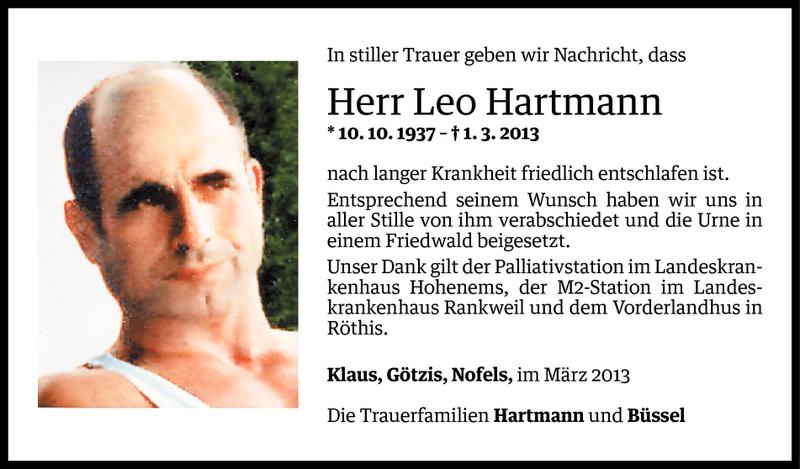  Todesanzeige für Leo Hartmann vom 09.03.2013 aus Vorarlberger Nachrichten