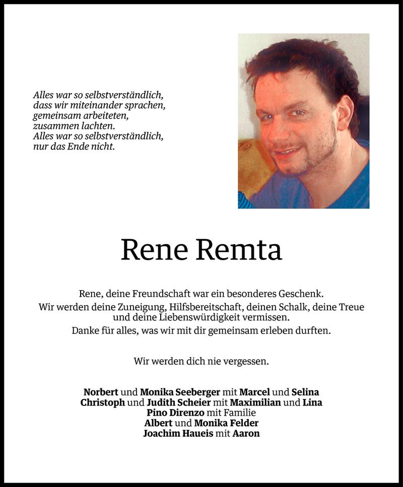  Todesanzeige für Rene Remta vom 08.03.2013 aus Vorarlberger Nachrichten