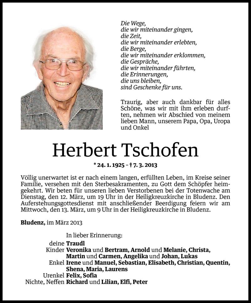  Todesanzeige für Herbert Tschofen vom 08.03.2013 aus Vorarlberger Nachrichten