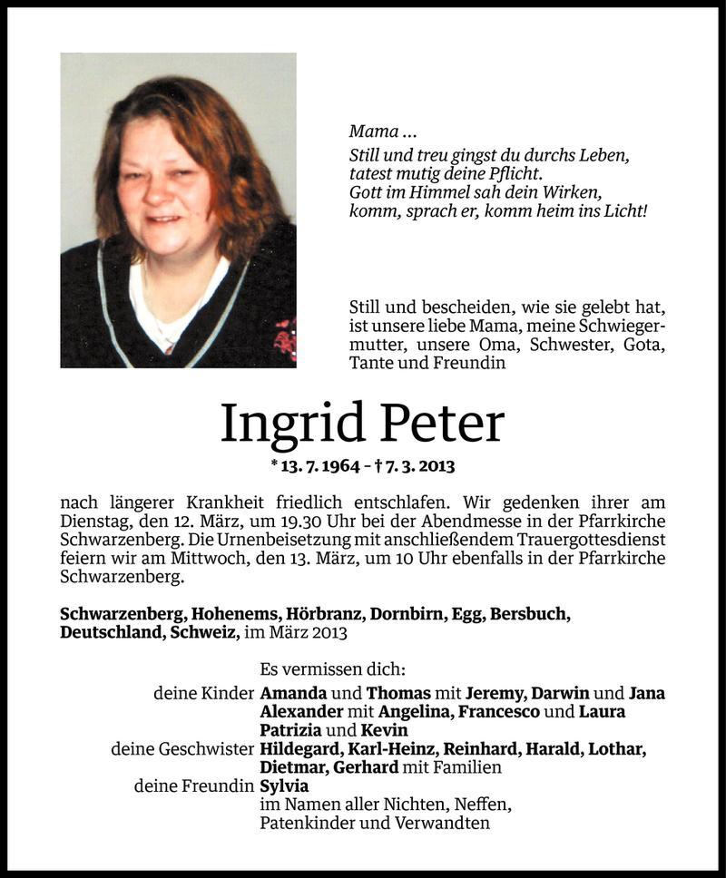  Todesanzeige für Ingrid Peter vom 08.03.2013 aus Vorarlberger Nachrichten