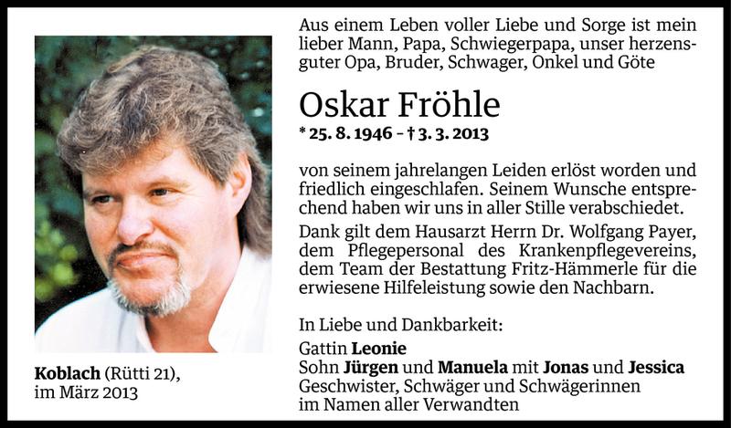  Todesanzeige für Oskar Fröhle vom 09.03.2013 aus Vorarlberger Nachrichten