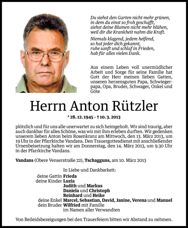  Todesanzeige für Anton Rützler vom 11.03.2013 aus Vorarlberger Nachrichten