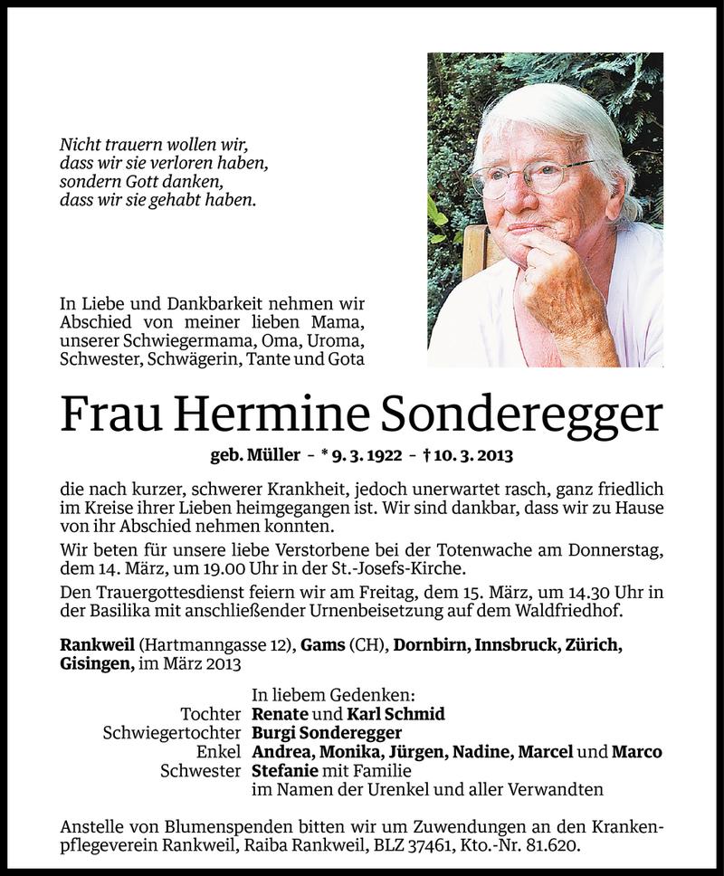  Todesanzeige für Hermine Sonderegger vom 11.03.2013 aus Vorarlberger Nachrichten