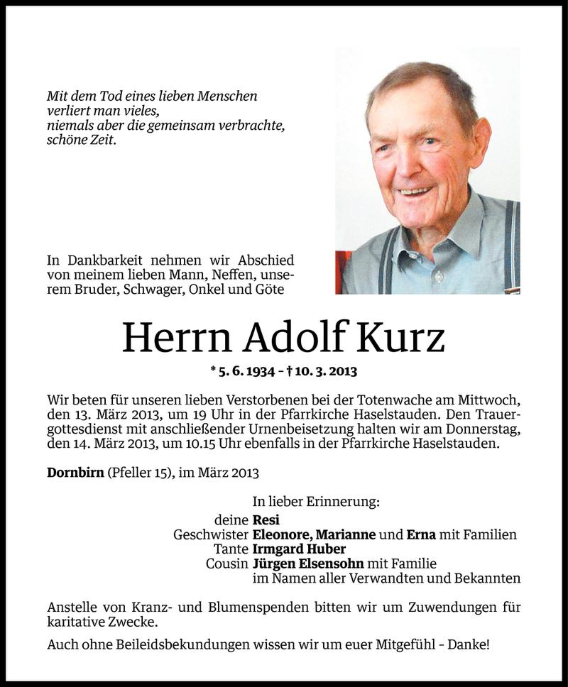  Todesanzeige für Adolf Kurz vom 11.03.2013 aus Vorarlberger Nachrichten