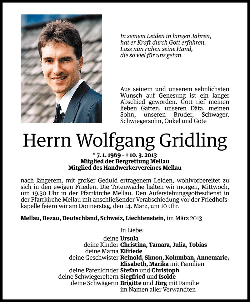  Todesanzeige für Wolfgang Gridling vom 11.03.2013 aus Vorarlberger Nachrichten