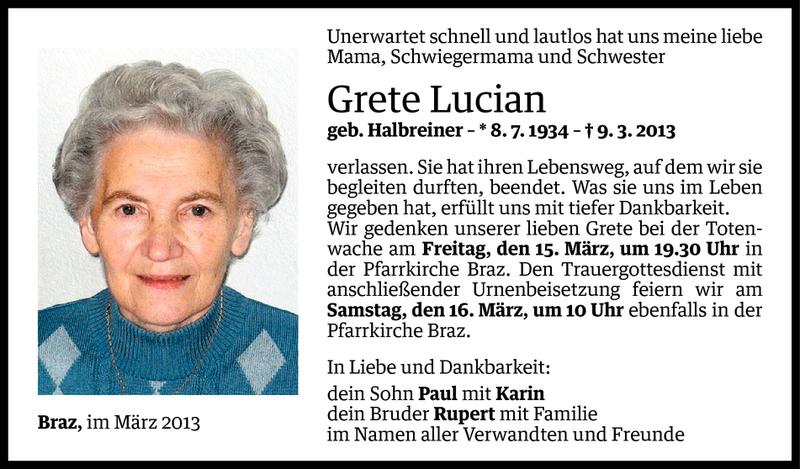  Todesanzeige für Grete Lucian vom 13.03.2013 aus Vorarlberger Nachrichten