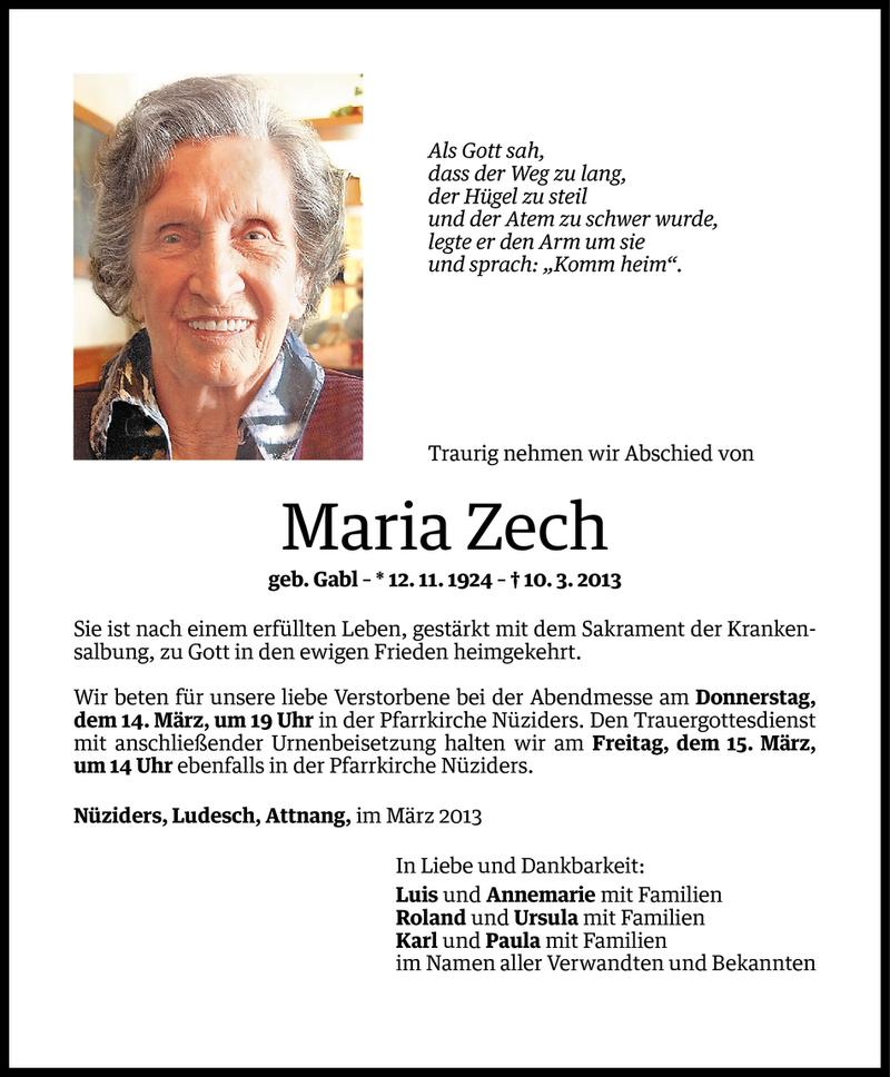  Todesanzeige für Maria Zech vom 12.03.2013 aus Vorarlberger Nachrichten