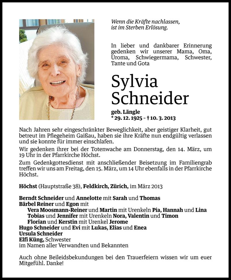  Todesanzeige für Sylvia Schneider vom 12.03.2013 aus Vorarlberger Nachrichten