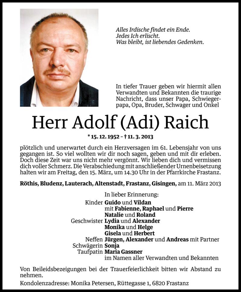  Todesanzeige für Adolf (Adi) Raich vom 13.03.2013 aus Vorarlberger Nachrichten